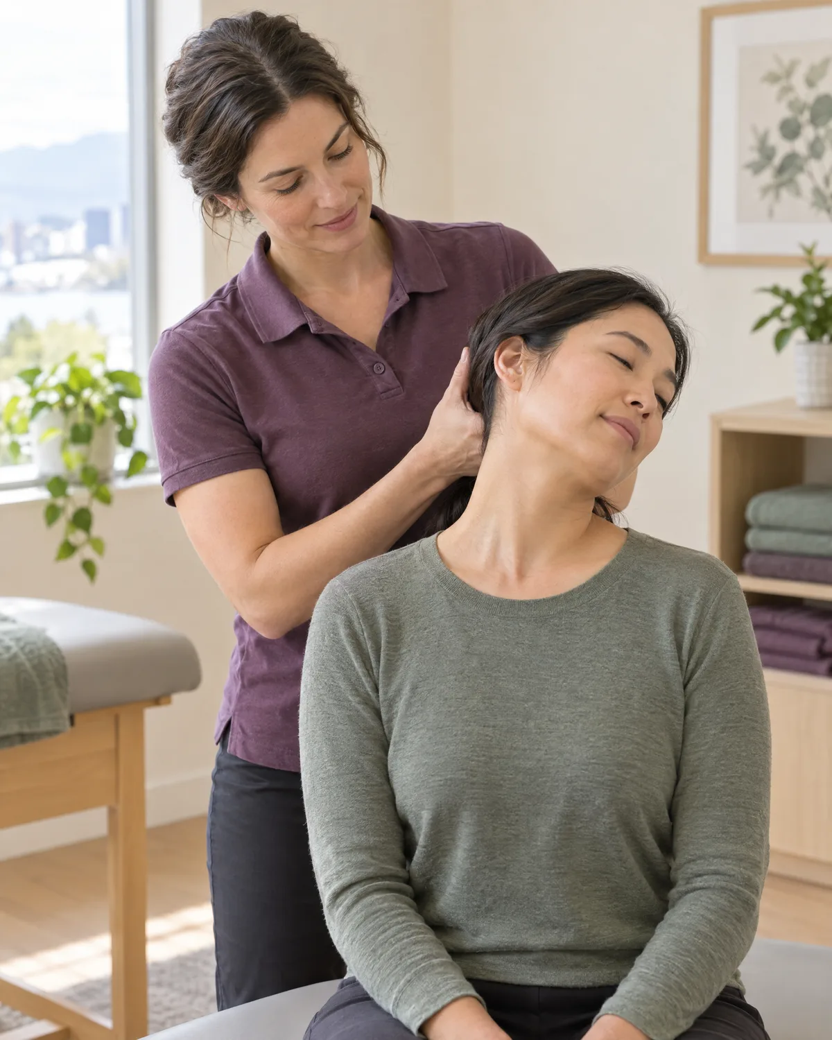 Physiotherapist guiding a patient through a neck exercise after a car accident at a Richmond clinic