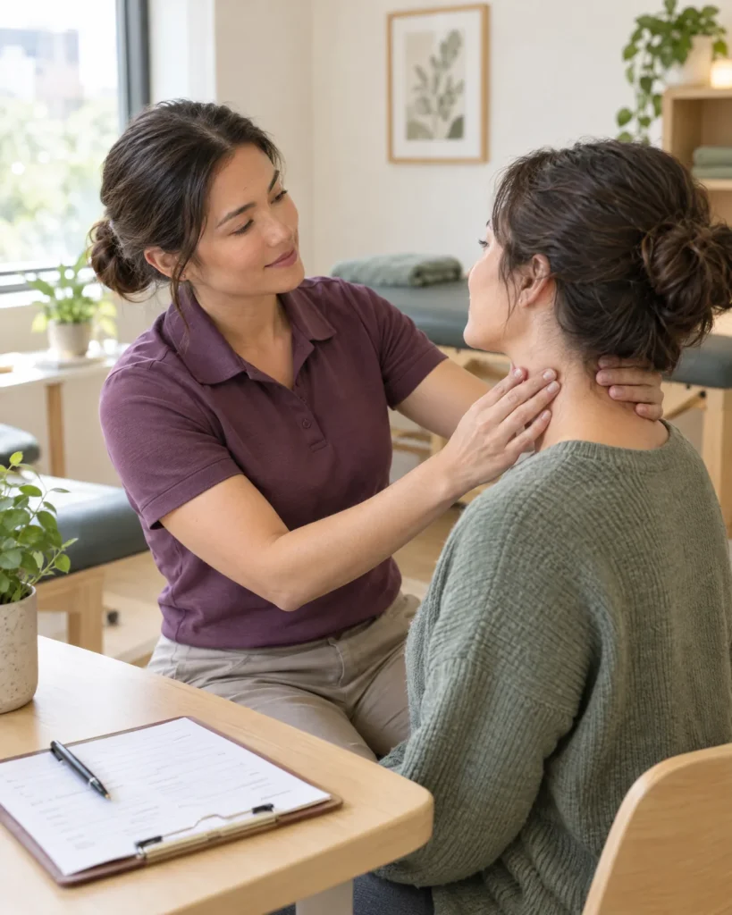 Physiotherapist assessing a client's neck after a car accident