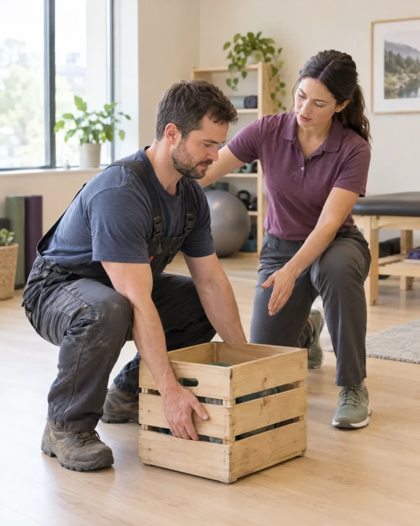 Kinesiologist guiding a worker through a safe lifting technique