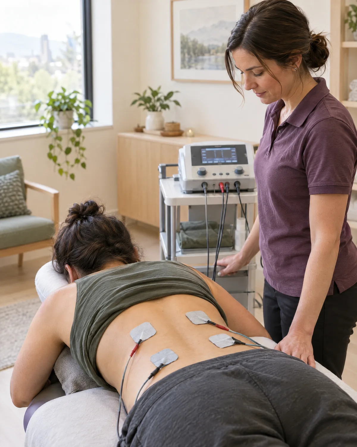 Interferential current electrodes on a lower back
